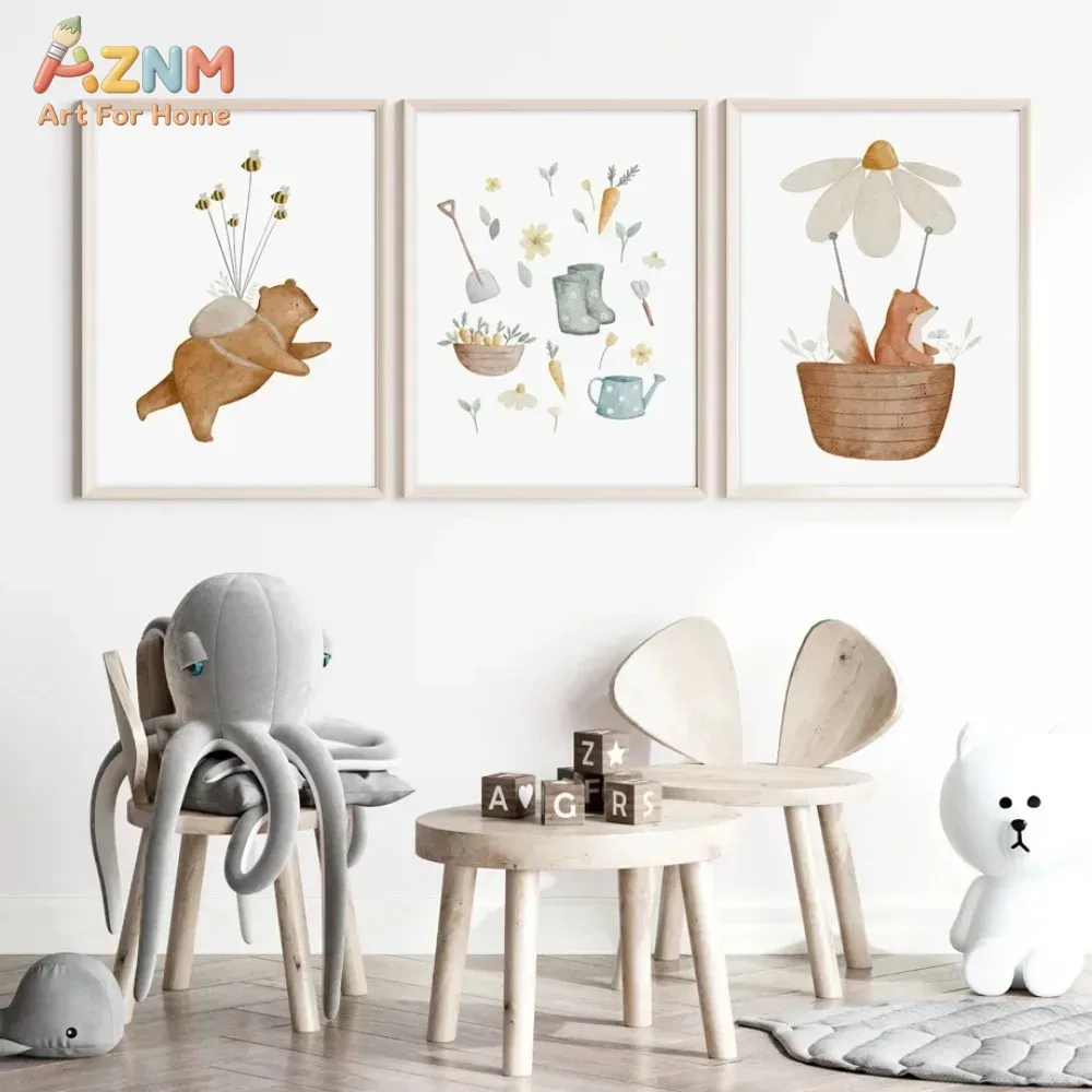 Baby Nursery Frames - AZNM Suluboya Ayı Tilki Hayvan Tuval