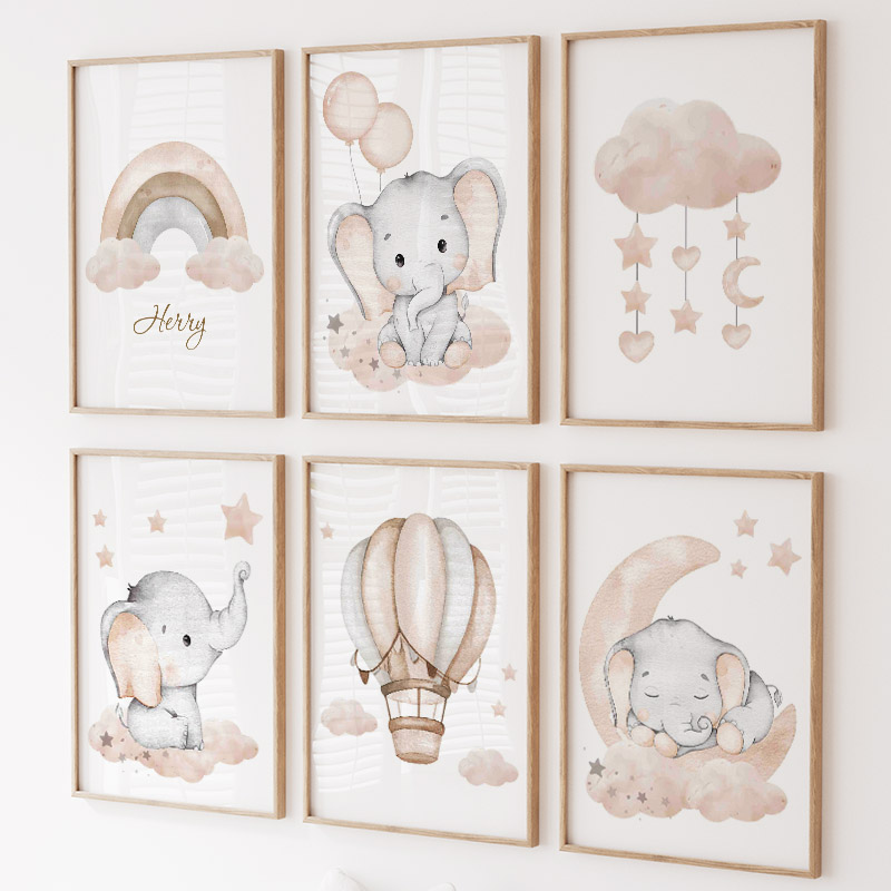 Baby Nursery Modern - Sevimli Fil Sıcak Balon Ay Gökkuşağı