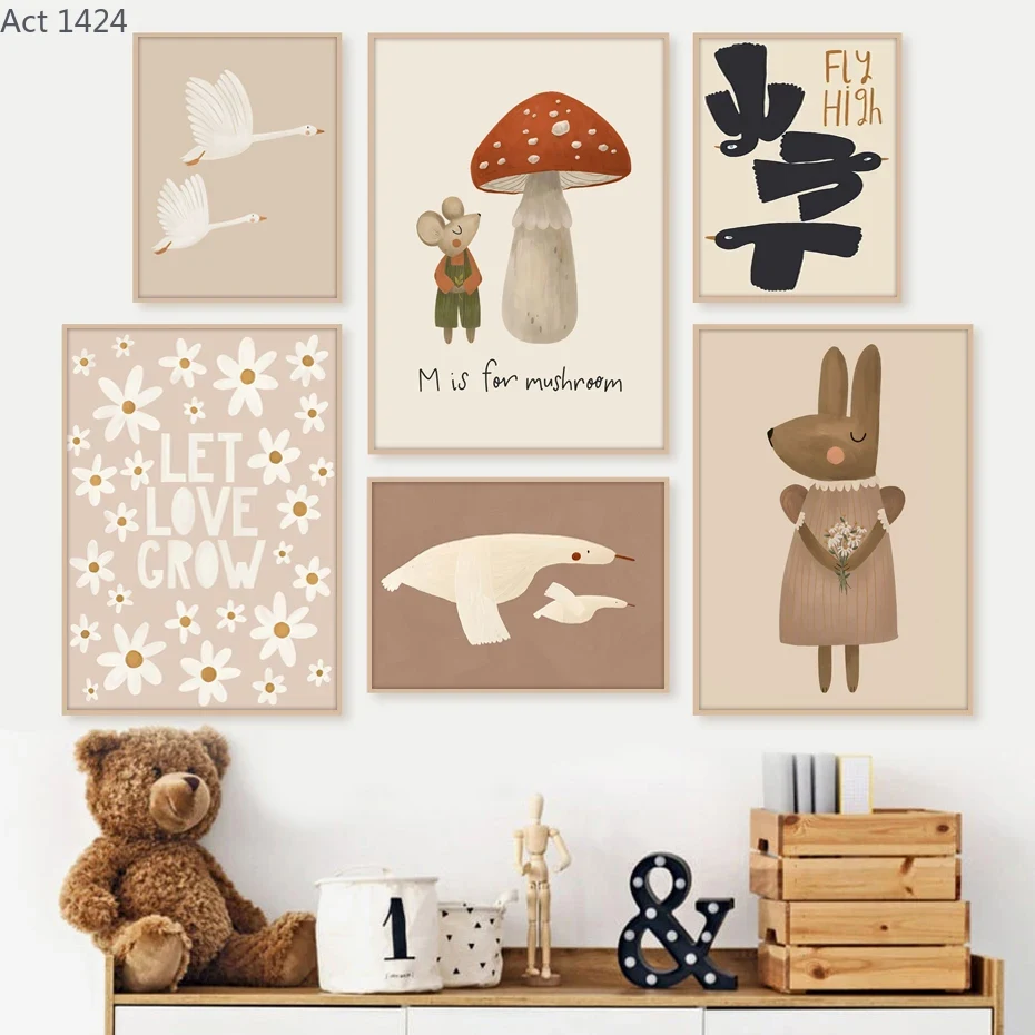 Baby Nursery Frames - Boho Karikatür Tavşan Fare Kaz Posterleri